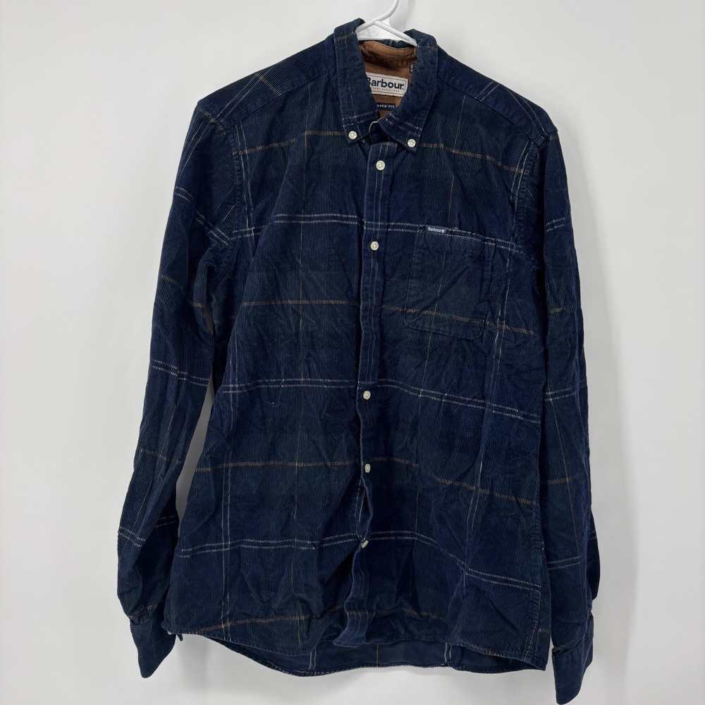 Barbour Tailored Fit Corduroy Shirt Mens Small‎ Blue Plaid Button Up Long Sleeve